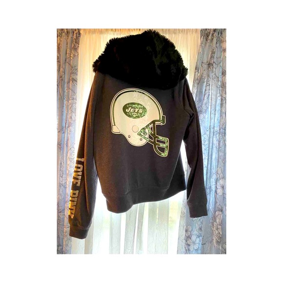 Victoria Secret PINK New York Jets sequin and black faux fur lined hoodie - Picture 1 of 7